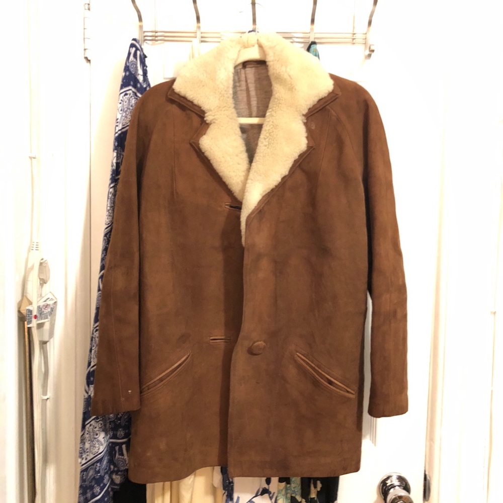 Shearling collar brown suede coat brown M